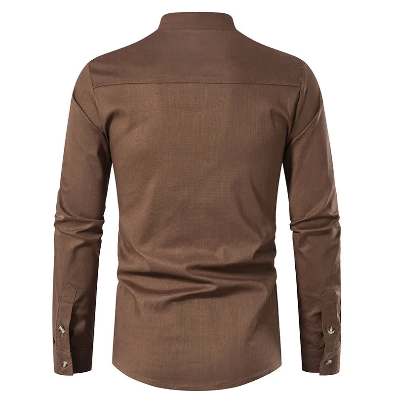Chemise en lin à col Henley – Style décontracté pour homme
