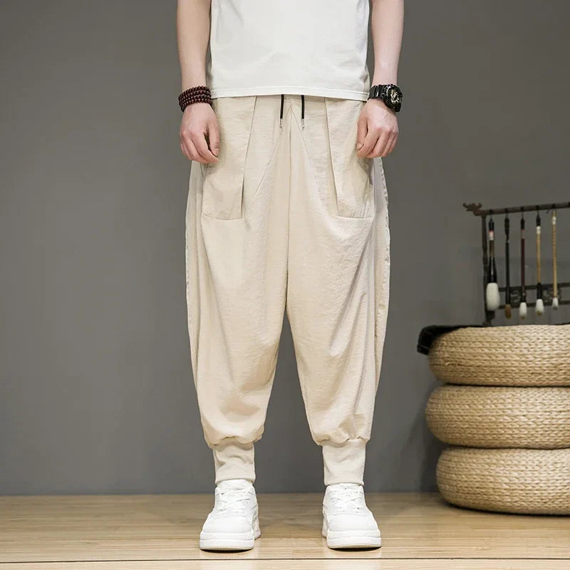 Pantalon de survêtement fuselé respirant en lin et coton avec chevilles élastiques