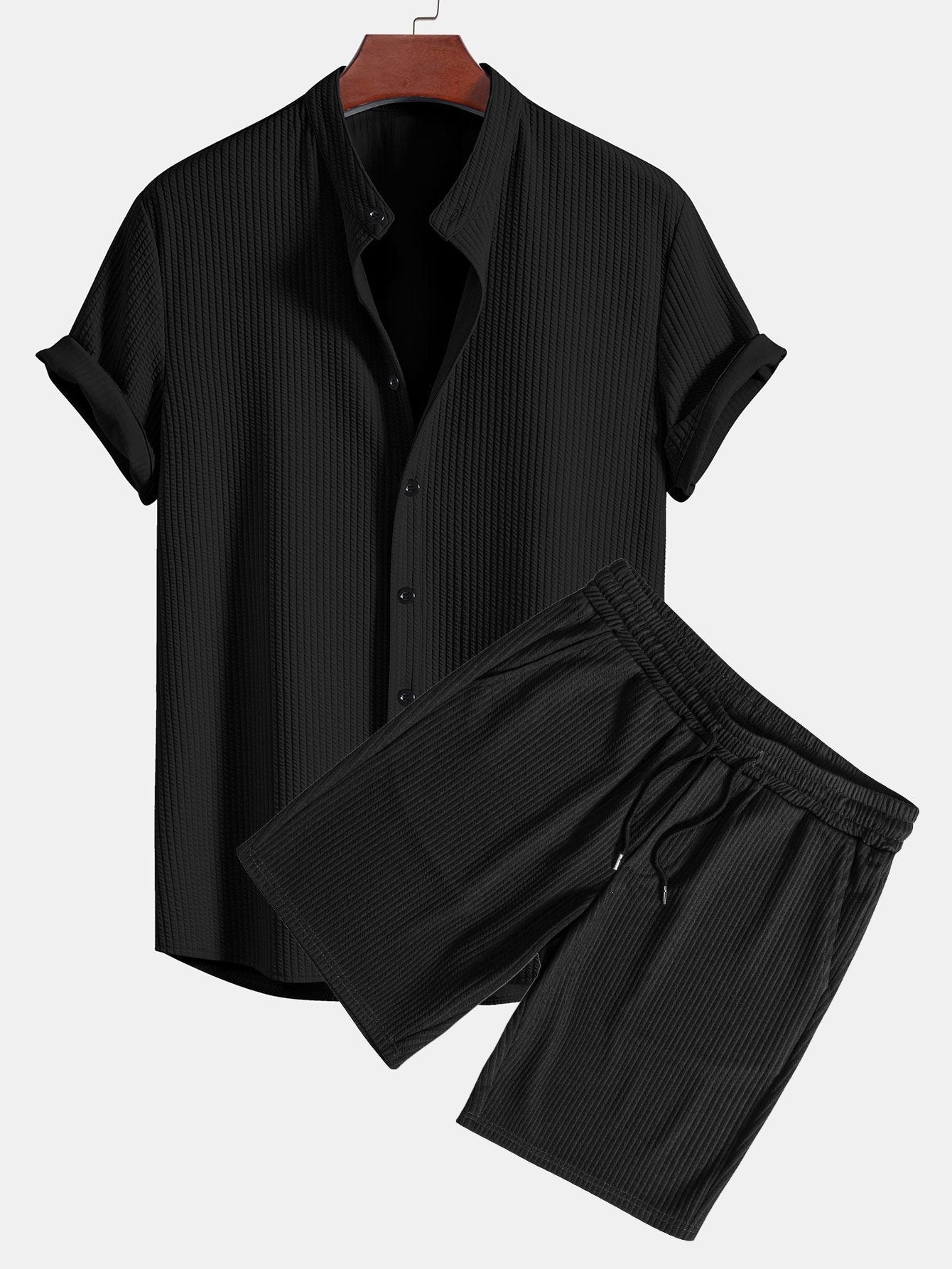 Côtelé coupe ajustée chemise à col montant et short à cordon de serrage deux ensembles