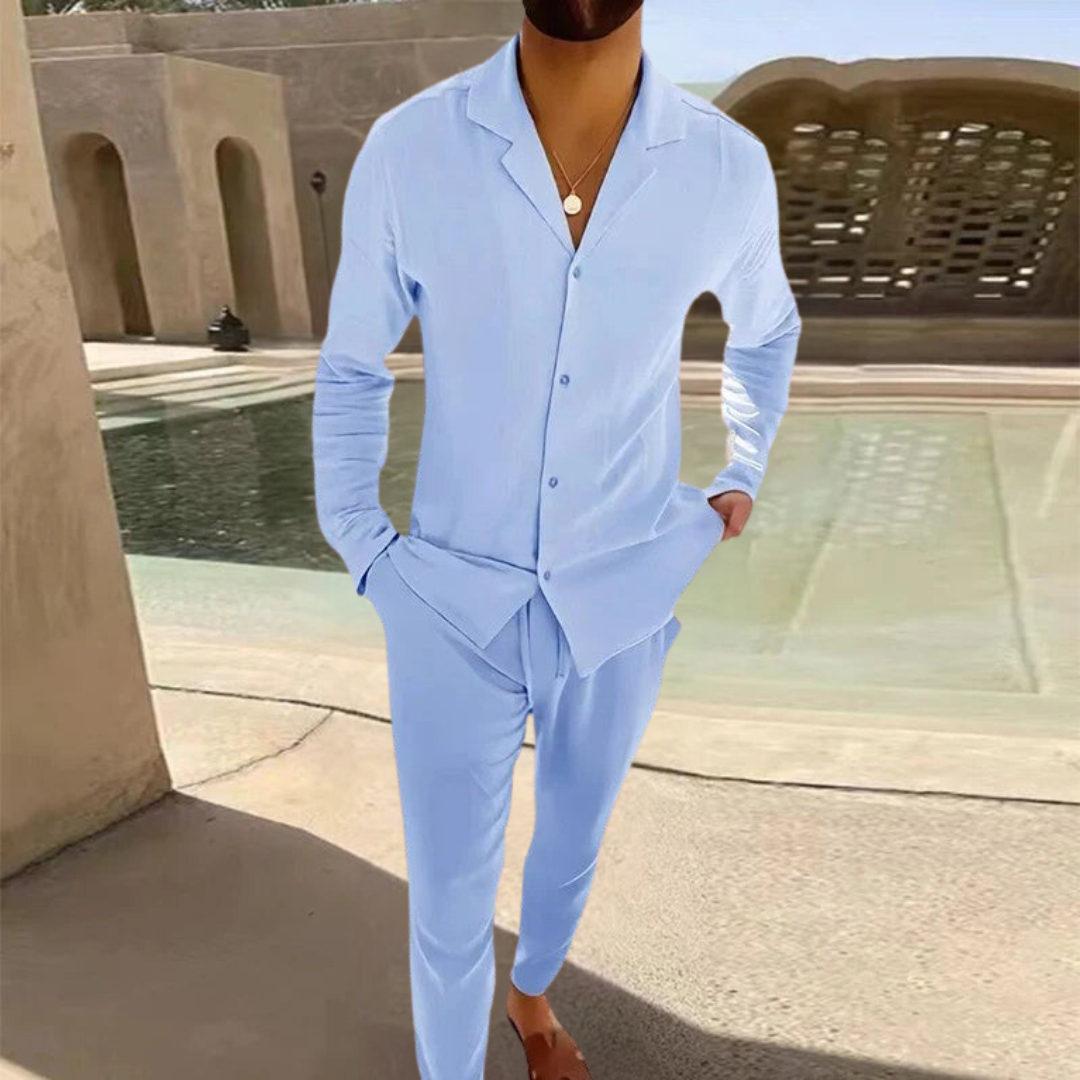 Ensemble Homme Décontracté, Chemise Col Cubain et Pantalon Léger, Style Estival Chic