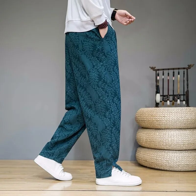 Pantalon de survêtement droit à fleurs en mélange lin-coton – Style urbain pour homme
