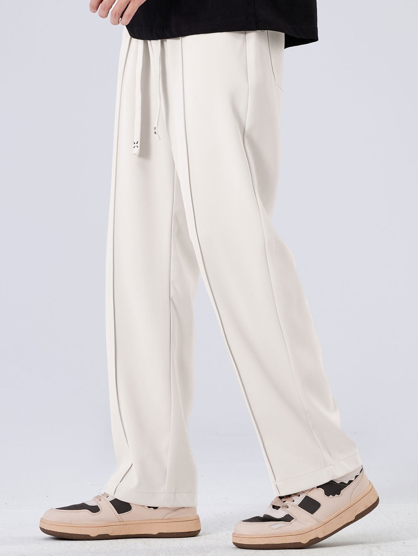 Pantalon droit élégant à simple pli et cordon de serrage pour homme