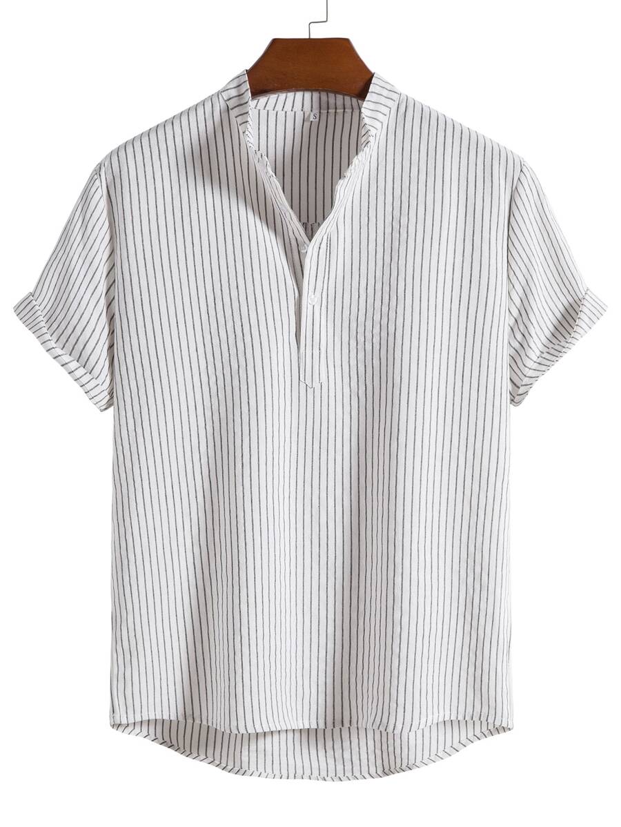 Chemise boutonnée à manches courtes et rayures en lin pour homme