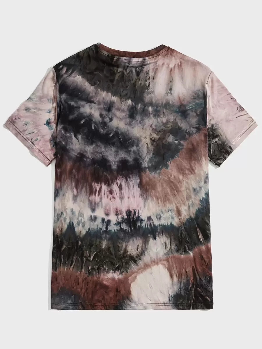 Chemise à col rond tie-dye manches courtes style vintage décontracté