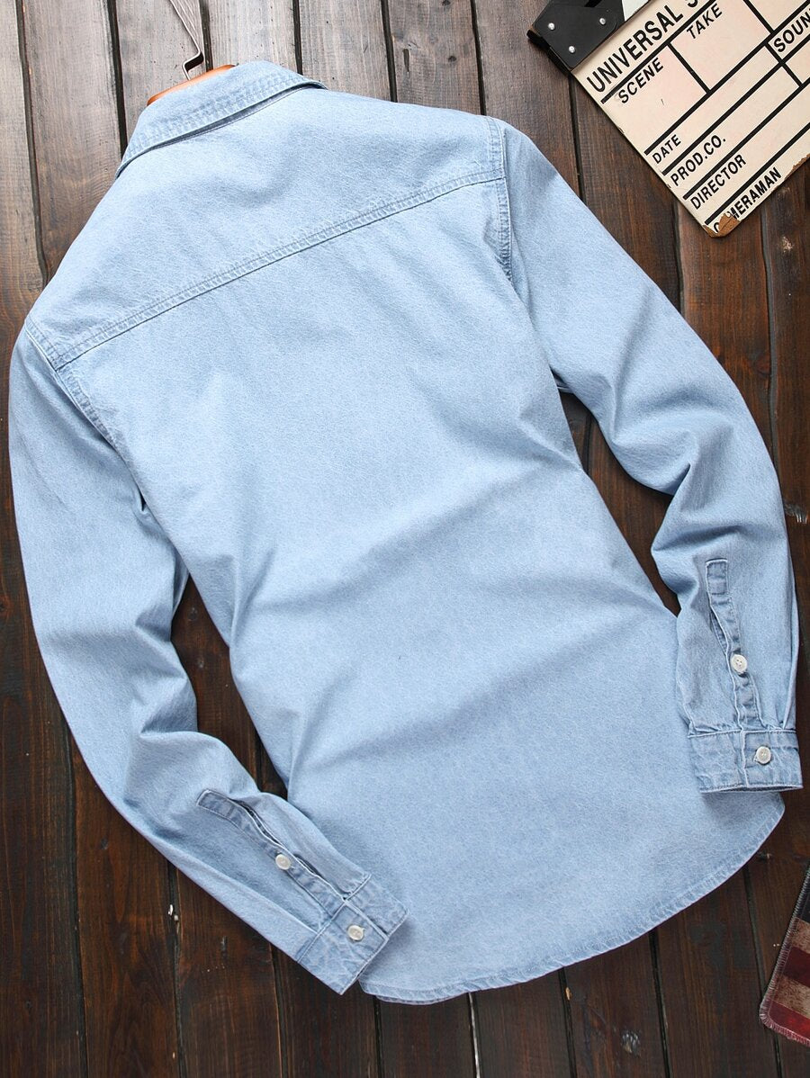 Chemise en jean unie à manches longues et boutons pour homme
