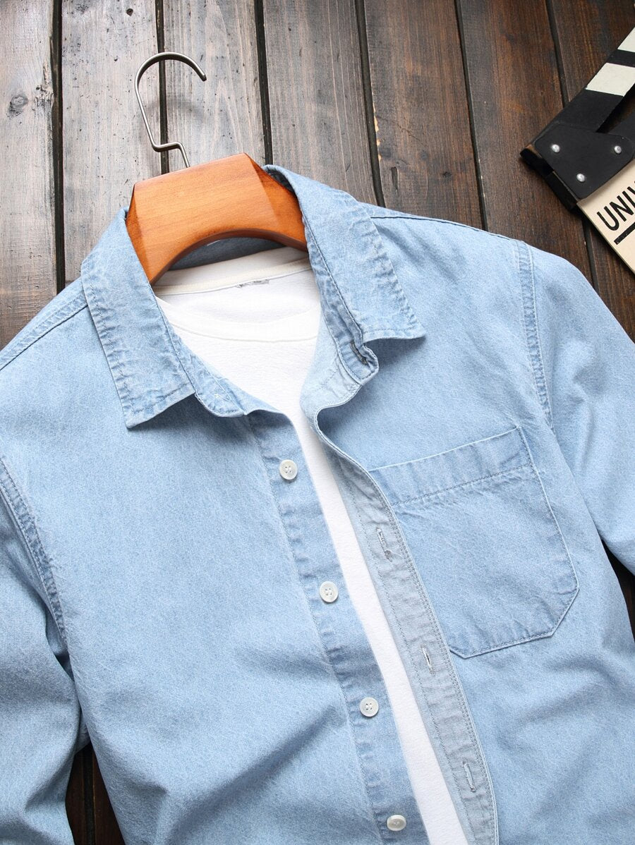 Chemise en jean unie à manches longues et boutons pour homme