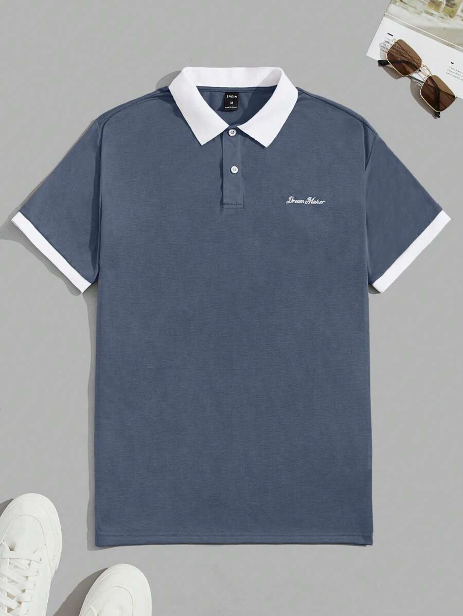 Polo décontracté à manches courtes avec lettres et couleurs contrastées pour homme