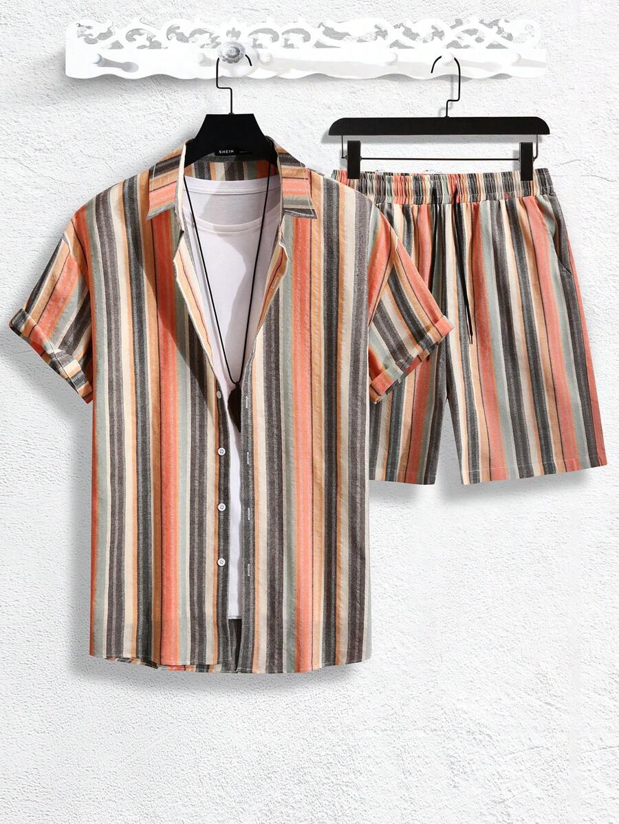 Chemise boutonnée rayée en lin et short à cordon de serrage - Ensemble été homme
