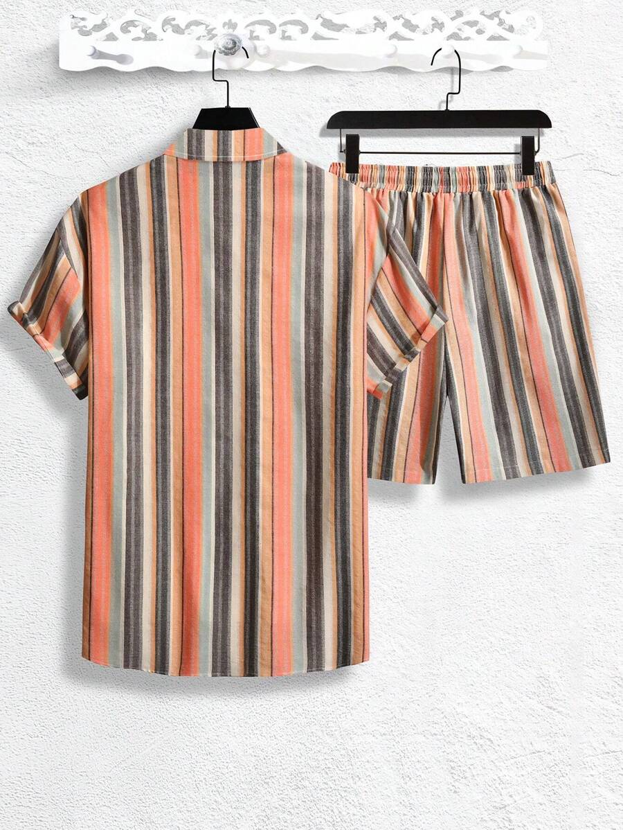 Chemise boutonnée rayée en lin et short à cordon de serrage - Ensemble été homme