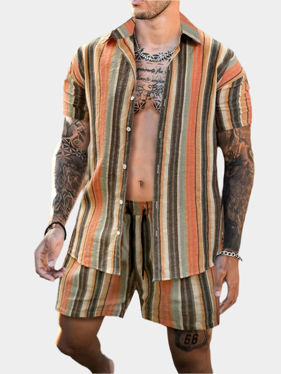 Chemise boutonnée rayée en lin et short à cordon de serrage - Ensemble été homme