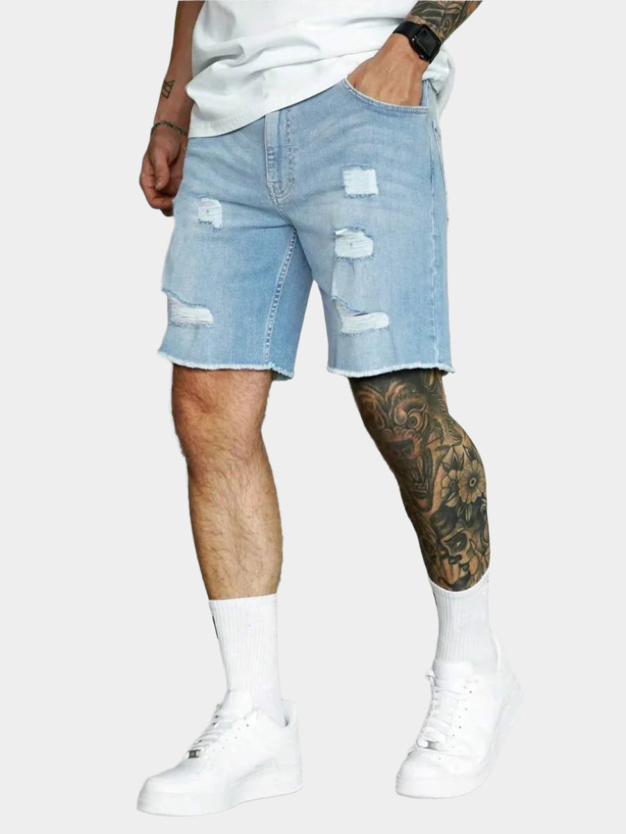 Jorts déchirés à ourlet brut, style streetwear décontracté tendance pour hommes