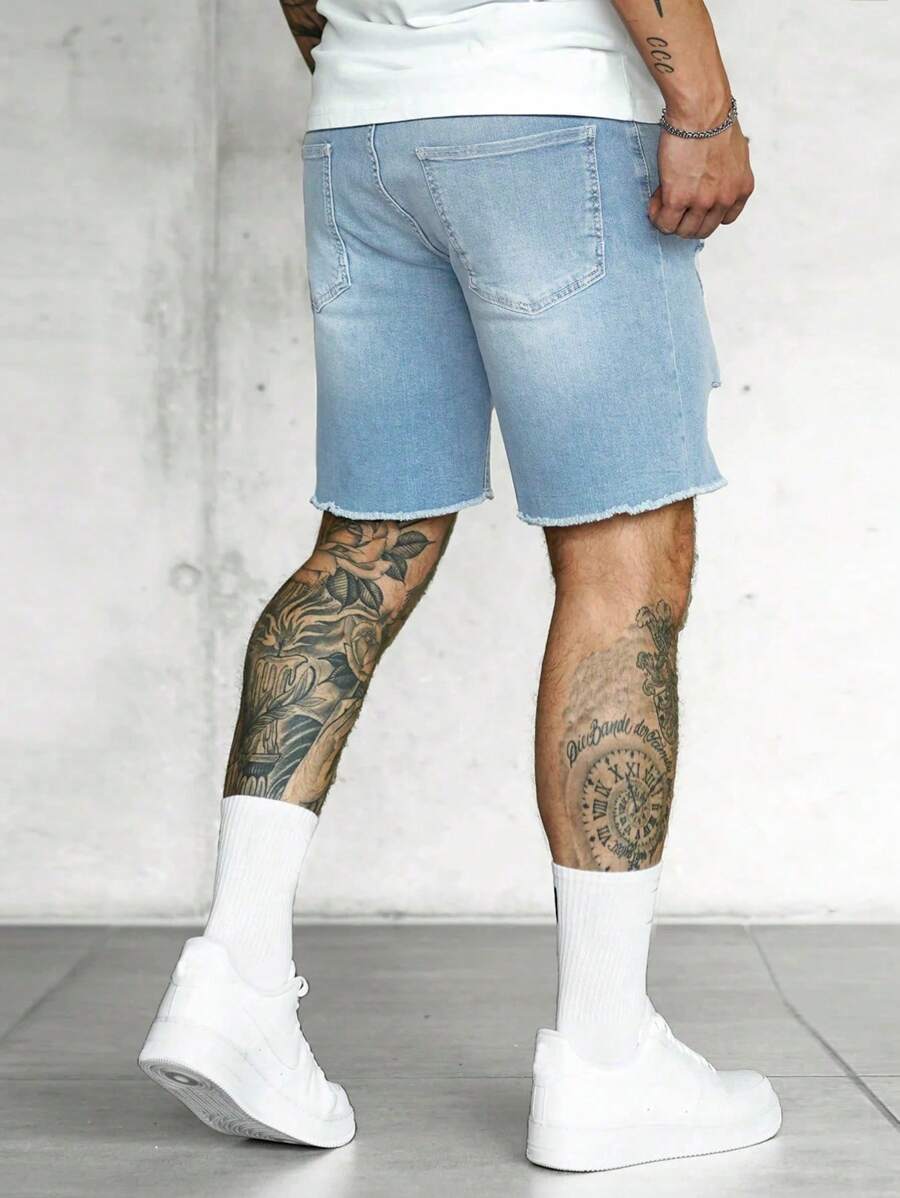 Jorts déchirés à ourlet brut, style streetwear décontracté tendance pour hommes