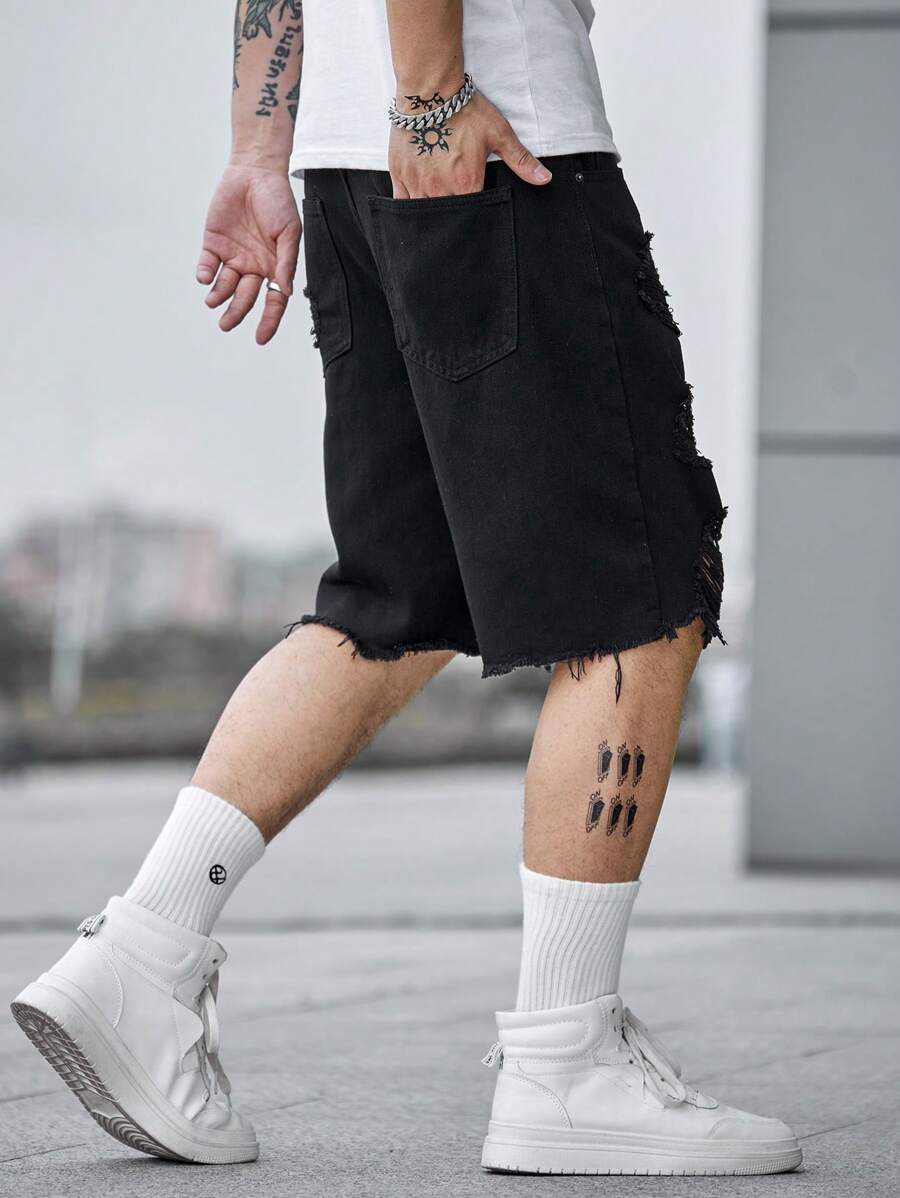 Jorts déchiré décontracté d'été de couleur unie pour hommes