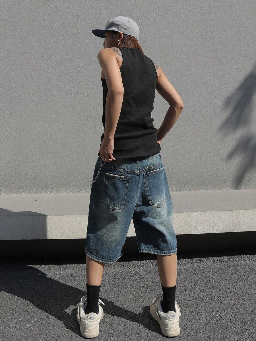 Jorts en jean bleu simple, coupe droite, style casual, pour hommes