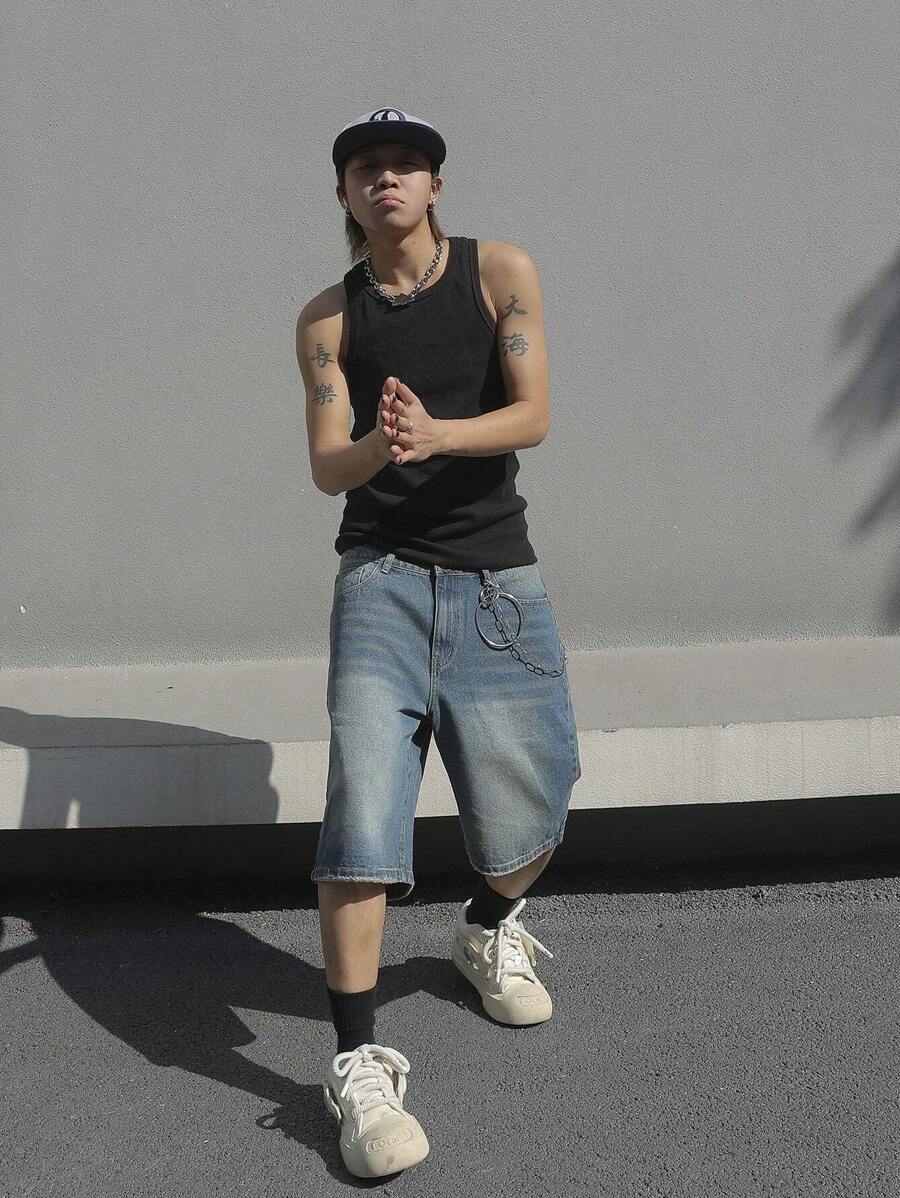 Jorts en jean bleu simple, coupe droite, style casual, pour hommes