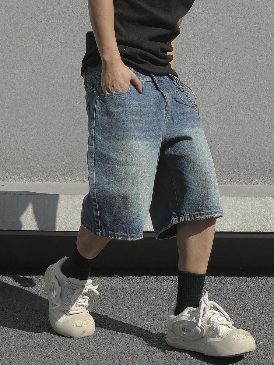 Jorts en jean bleu simple, coupe droite, style casual, pour hommes