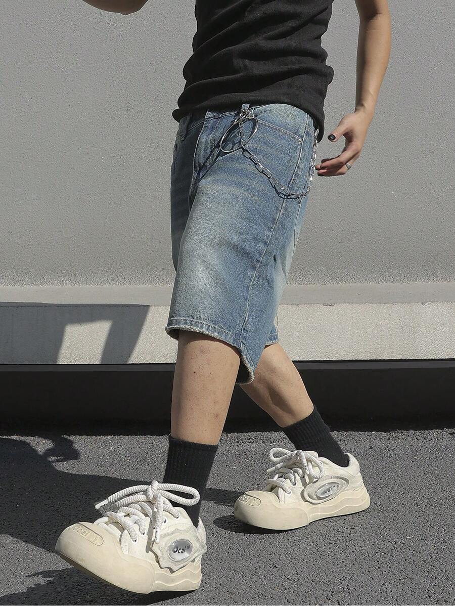Jorts en jean bleu simple, coupe droite, style casual, pour hommes
