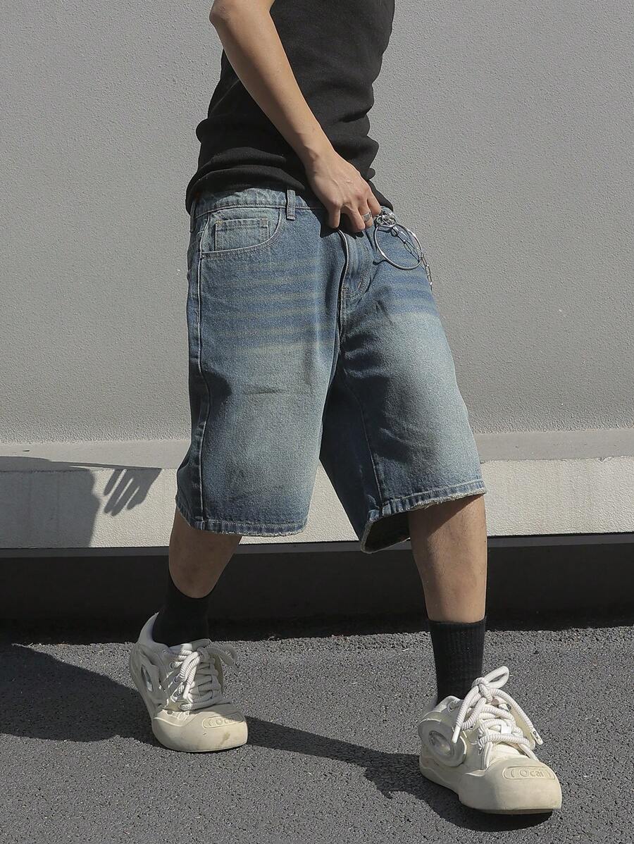 Jorts en jean bleu simple, coupe droite, style casual, pour hommes
