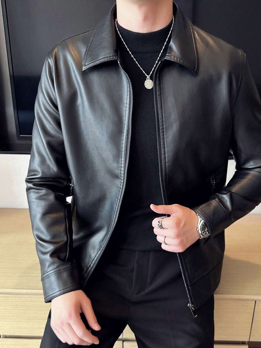 Veste de élégante en cuir synthétique pour homme – Fermeture éclair centrale