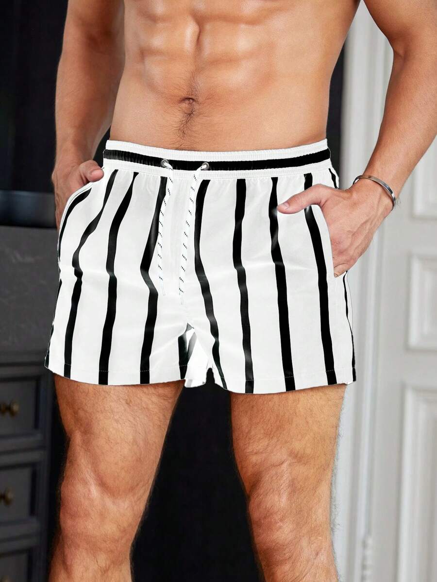 Short court rayé avec cordon de serrage et taille élastique pour homme