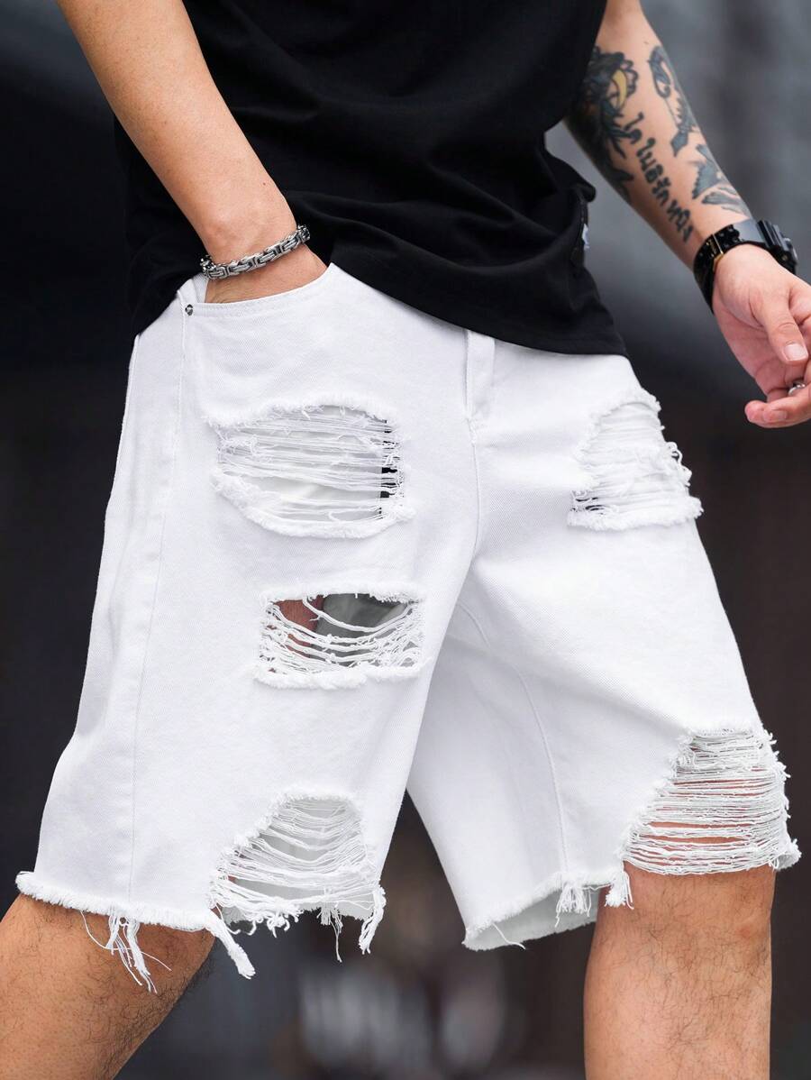 Jorts déchiré décontracté d'été de couleur unie pour hommes