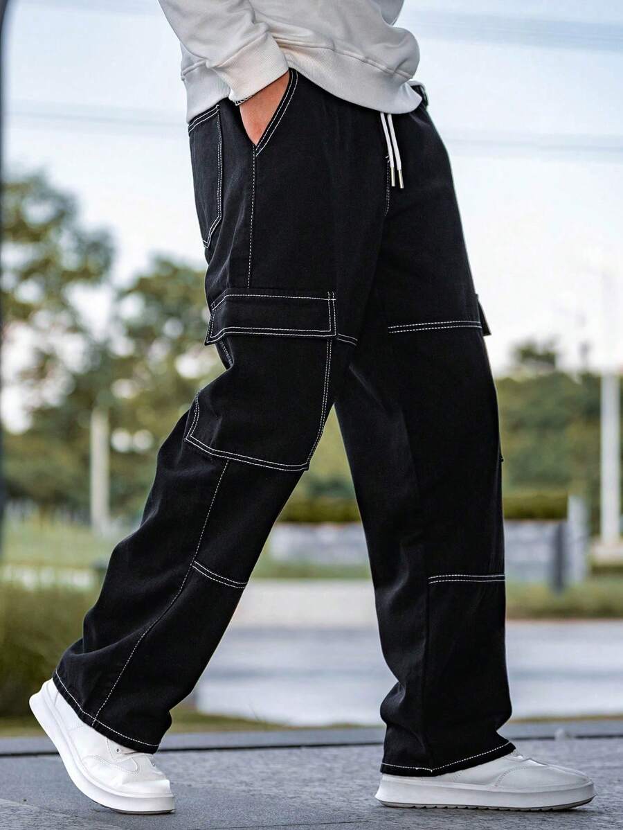 Pantalon cargo coupe ample avec cordon de serrage à la taille pour homme