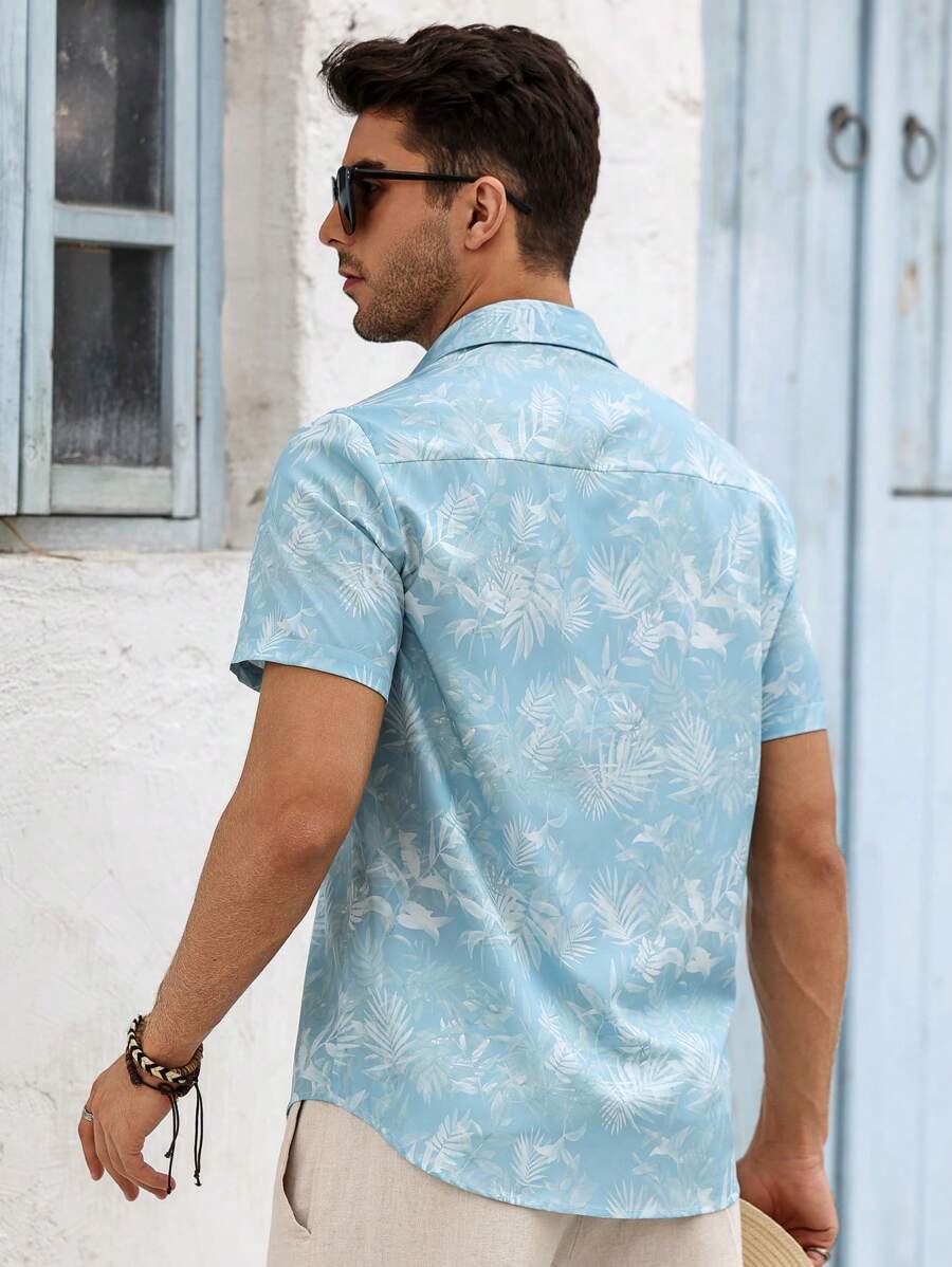 Chemise boutonnée décontractée à manches courtes et col imprimé graphique tropical
