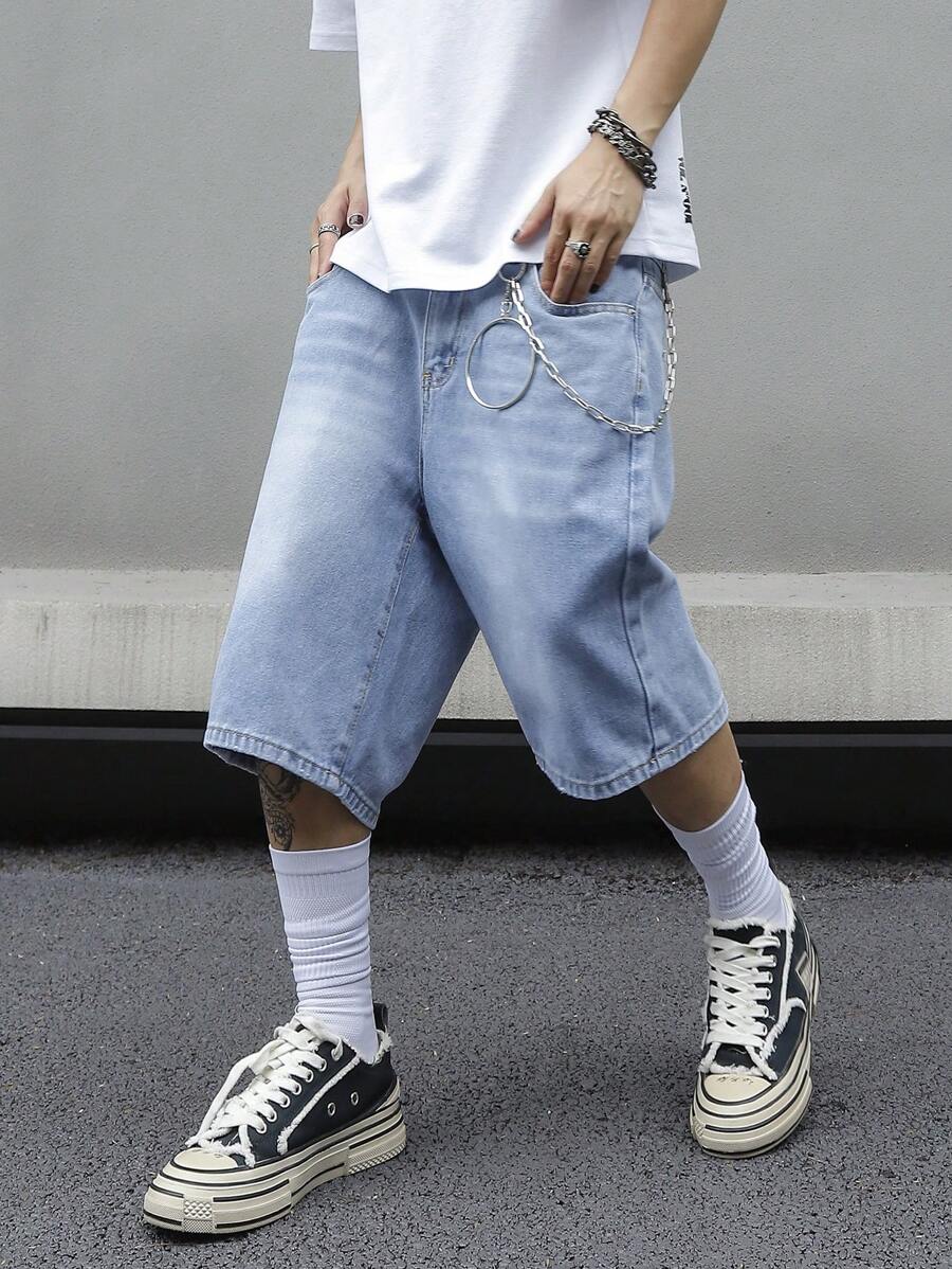 Jorts en jean bleu simple, coupe droite, style casual, pour hommes