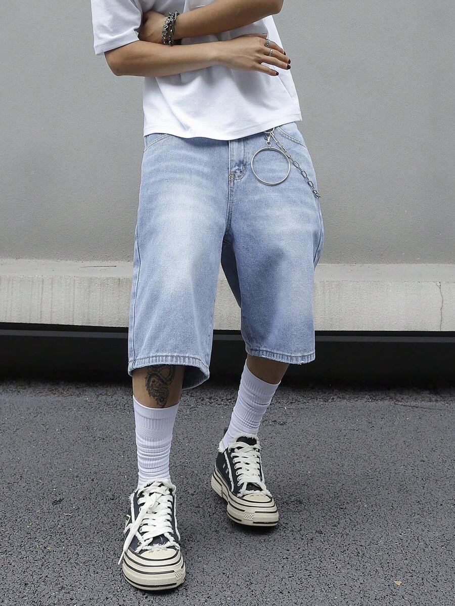 Jorts en jean bleu simple, coupe droite, style casual, pour hommes