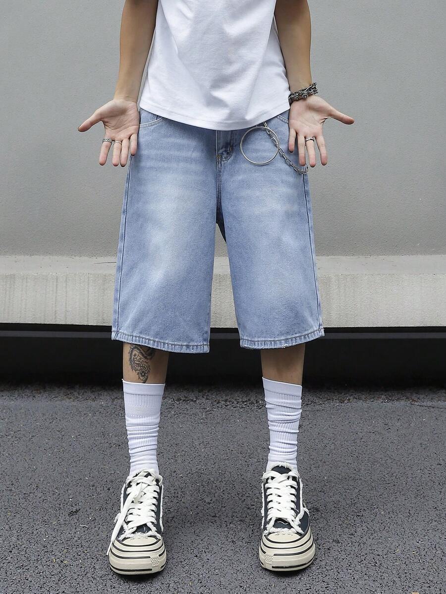 Jorts en jean bleu simple, coupe droite, style casual, pour hommes