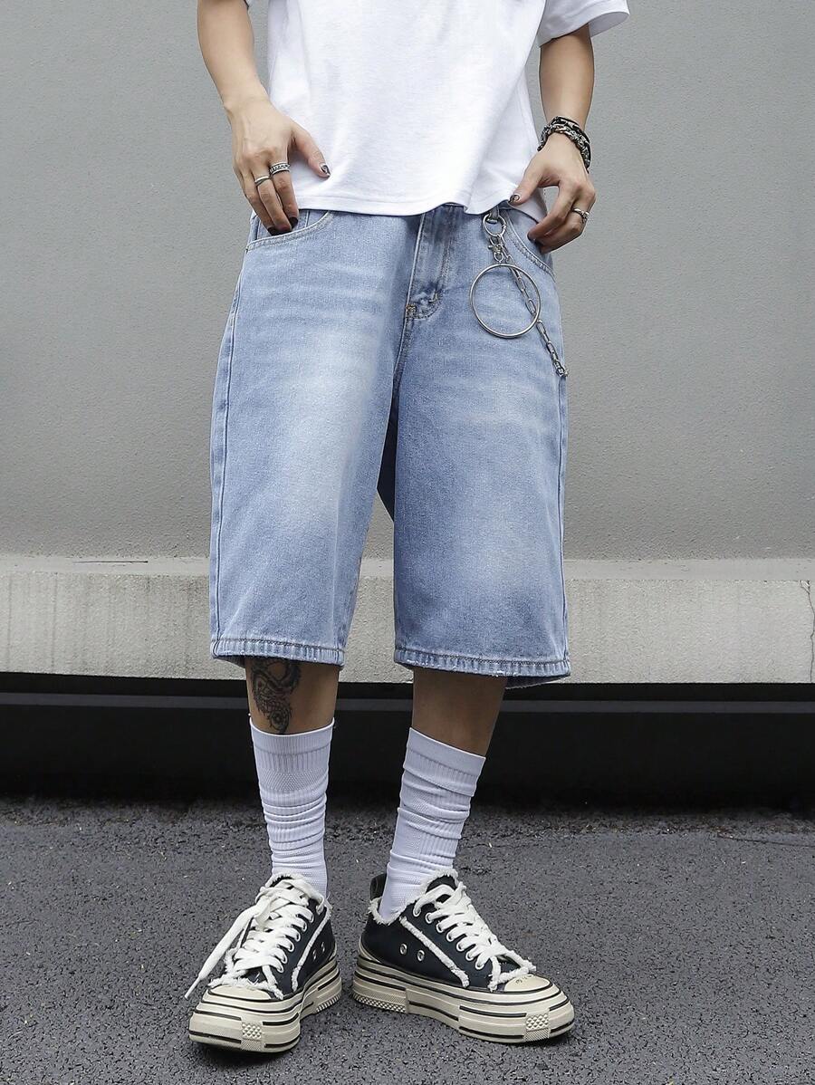 Jorts en jean bleu simple, coupe droite, style casual, pour hommes