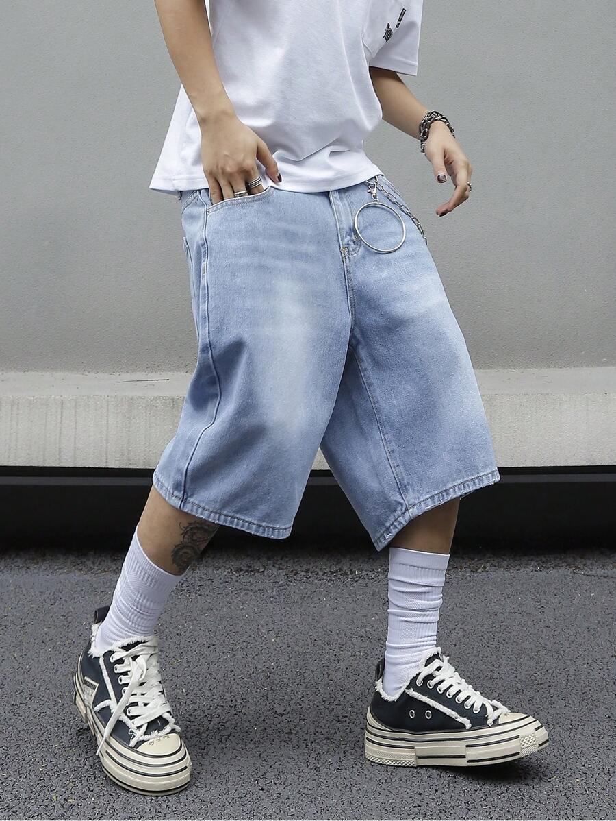 Jorts en jean bleu simple, coupe droite, style casual, pour hommes