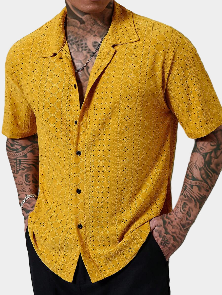 Chemise jacquard texturée au crochet pour homme - Tricot géométrique décontracté