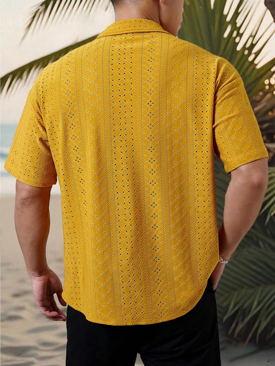 Chemise jacquard texturée au crochet pour homme - Tricot géométrique décontracté