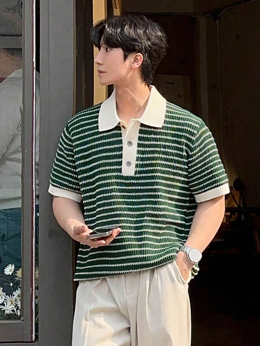 Chemises au crochet polo d'été décontracté en tricot rayé pour hommes