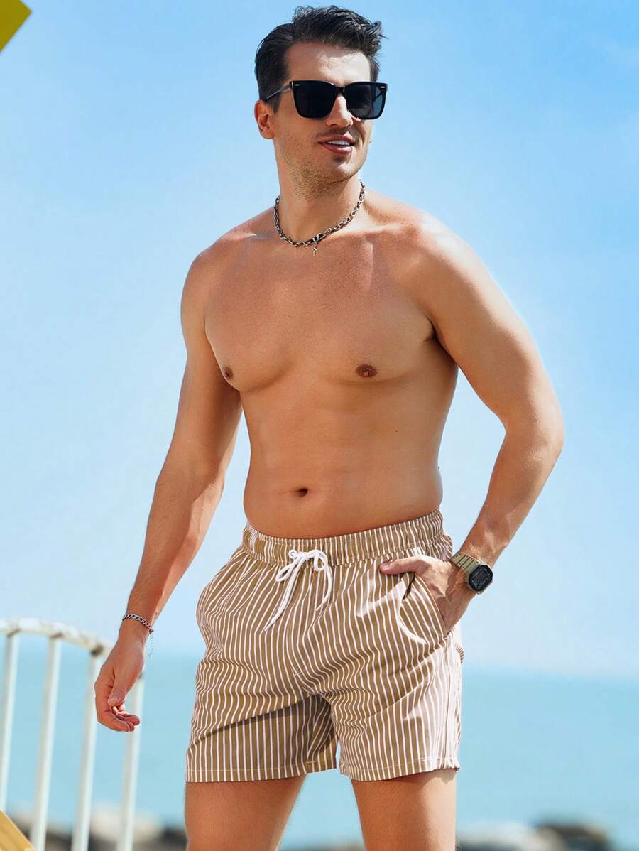 Short décontracté à taille élastique et rayures – Short à cordon pour homme