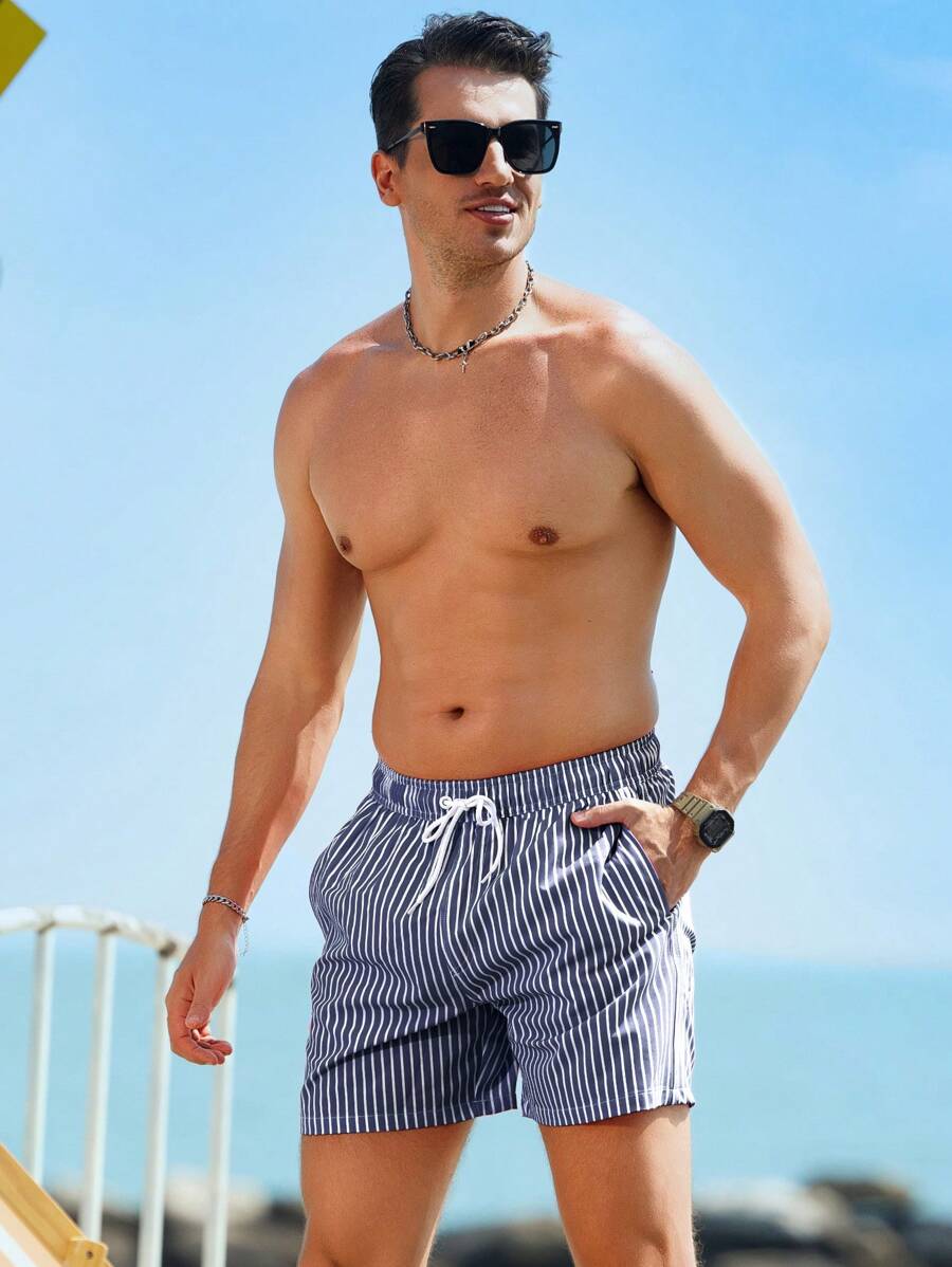 Short décontracté à taille élastique et rayures – Short à cordon pour homme