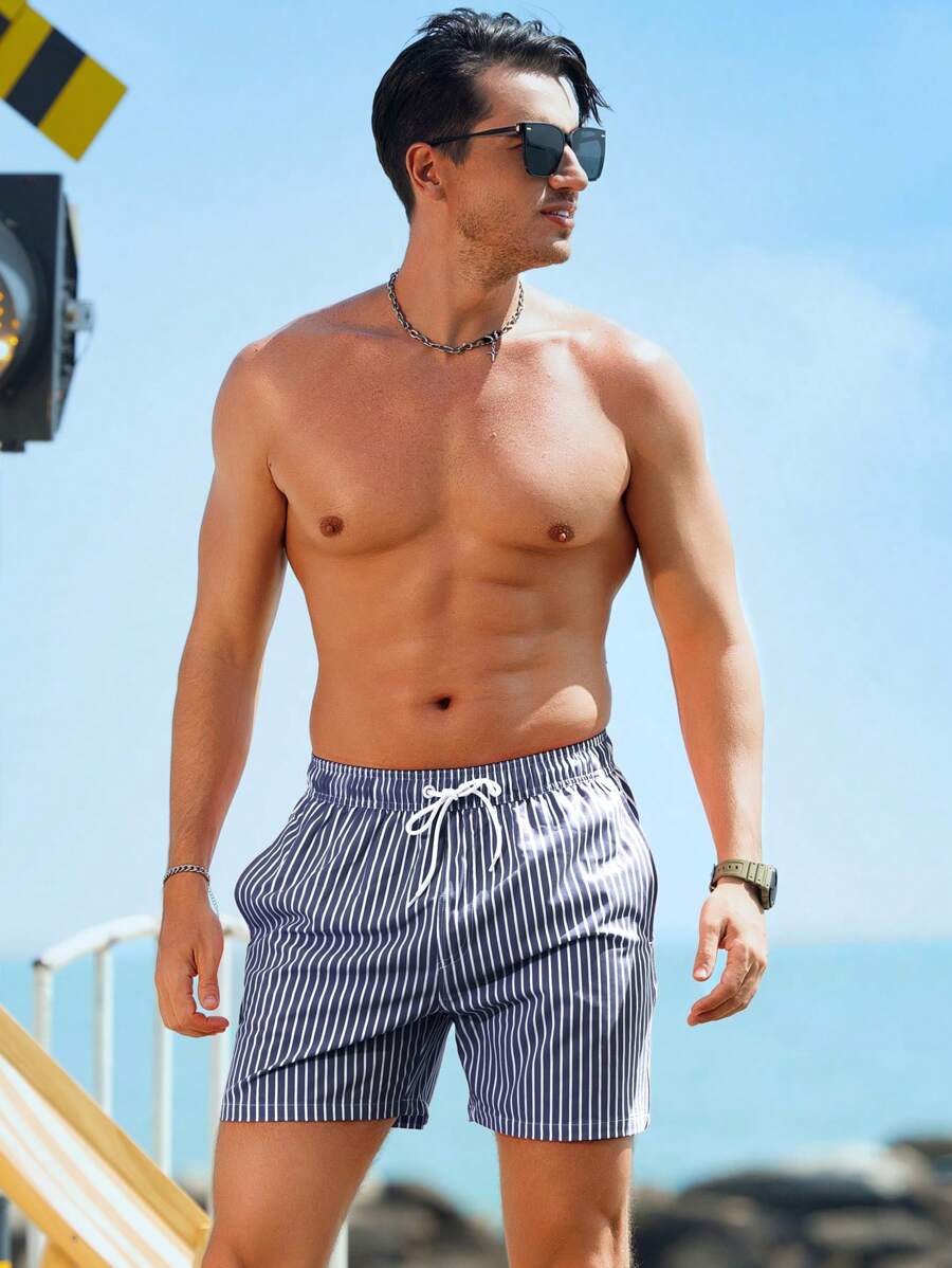 Short décontracté à taille élastique et rayures – Short à cordon pour homme