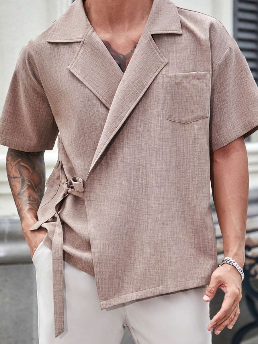 Chemise en lin à taille nouée et poche – Vêtement respirant pour homme