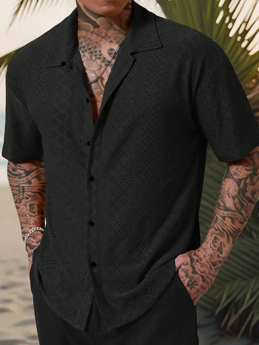 Chemise jacquard texturée au crochet pour homme - Tricot géométrique décontracté