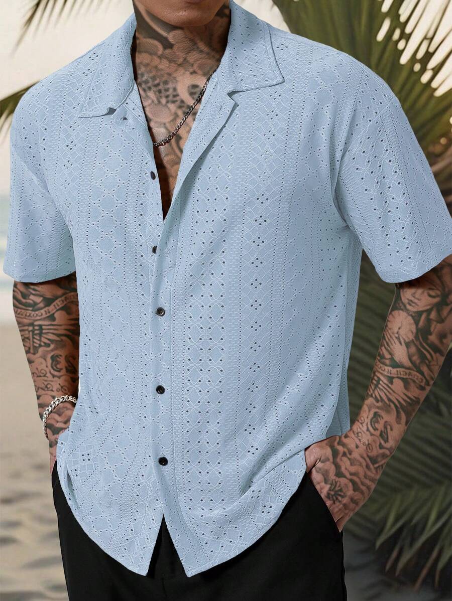 Chemise jacquard texturée au crochet pour homme - Tricot géométrique décontracté