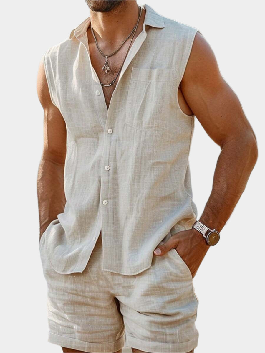 Ensemble chemise en lin et short à cordon de serrage - Hommes décontractés pour la plage