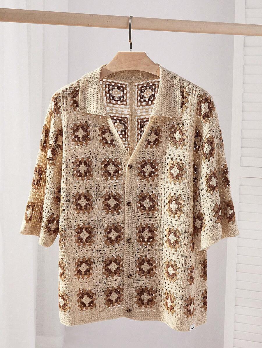 Chemises au crochet tendance homme col cubain été style vintage