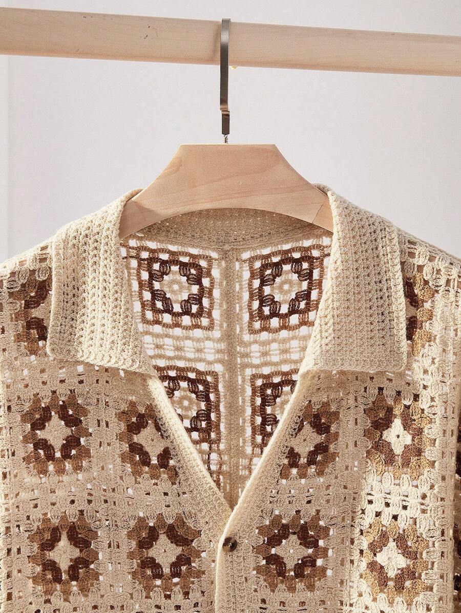 Chemises au crochet tendance homme col cubain été style vintage
