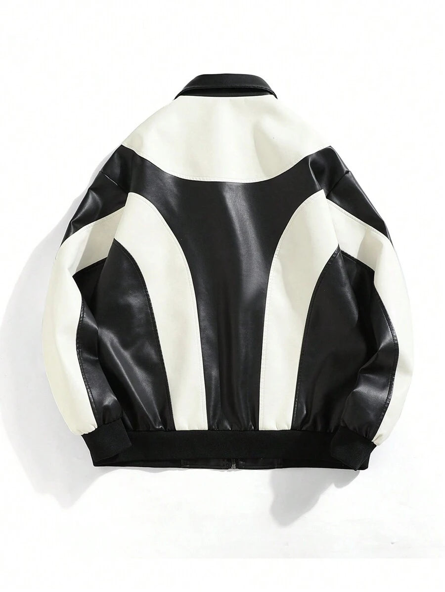 Veste en cuir zippée colorblock - Coupe-vent sport décontracté pour homme