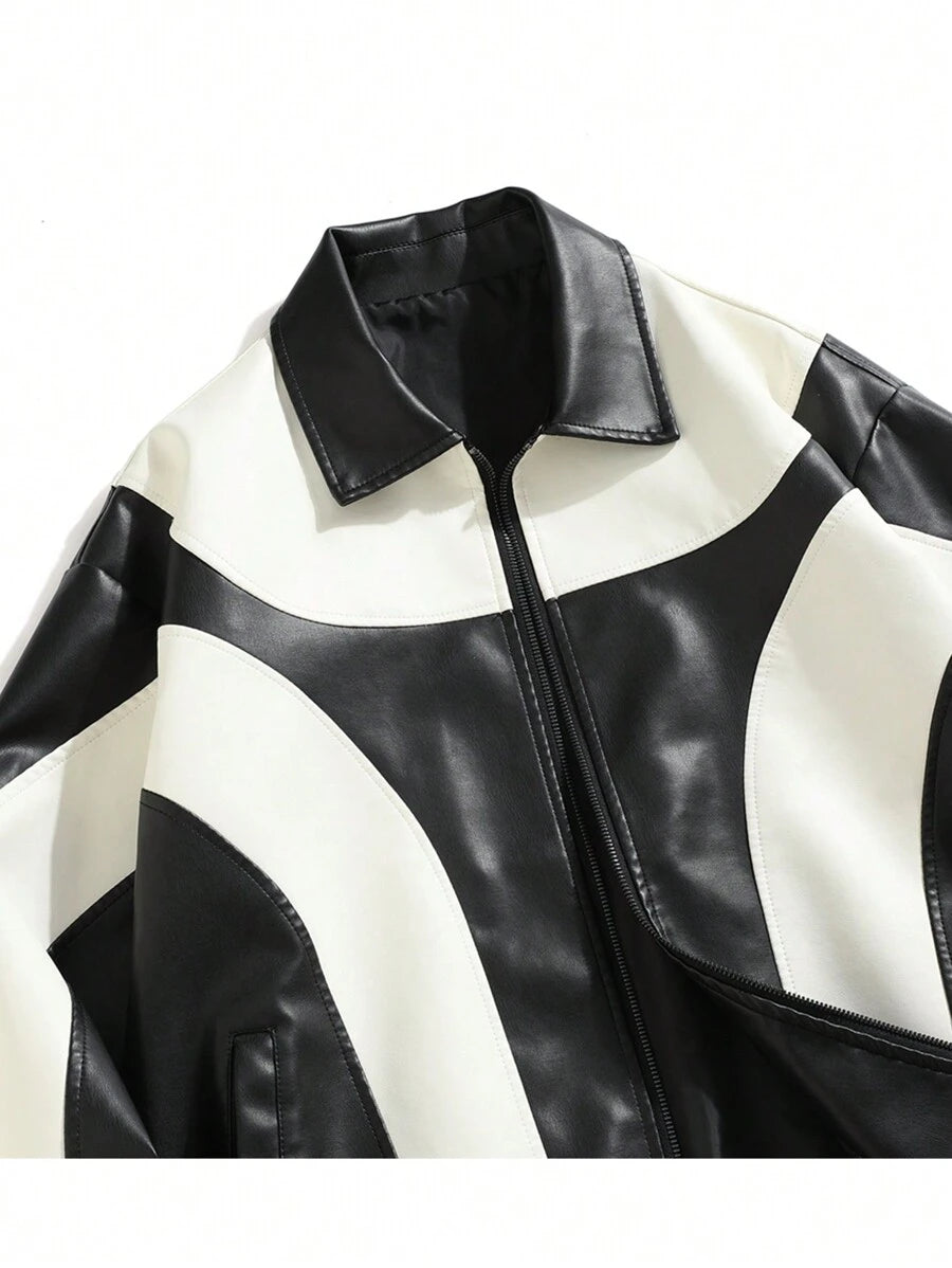 Veste en cuir zippée colorblock - Coupe-vent sport décontracté pour homme