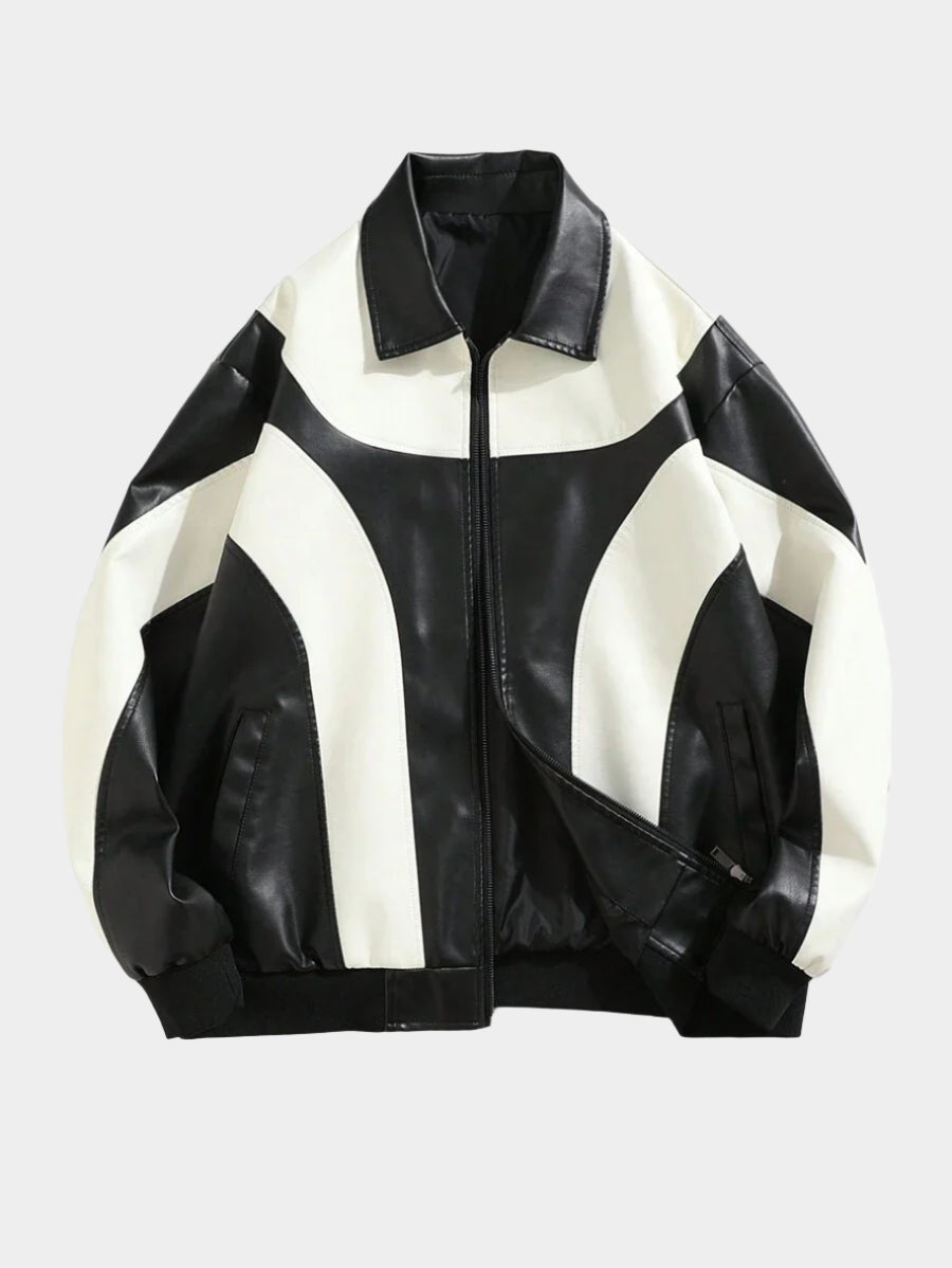 Veste en cuir zippée colorblock - Coupe-vent sport décontracté pour homme