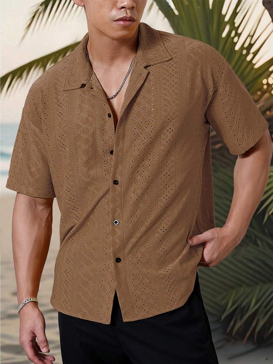 Chemise jacquard texturée au crochet pour homme - Tricot géométrique décontracté
