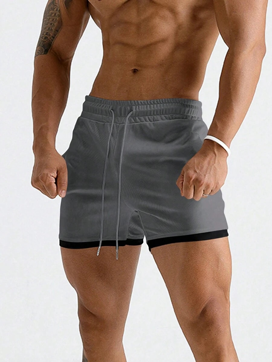 Shorts de sport 2-en-1 avec cordon et détails contrastés tendance pour hommes