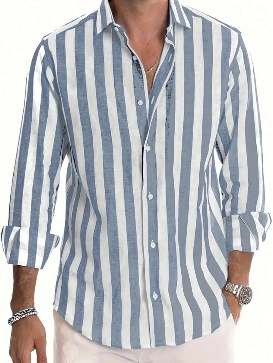 Chemise boutonnée en lin à rayures – Style décontracté pour homme